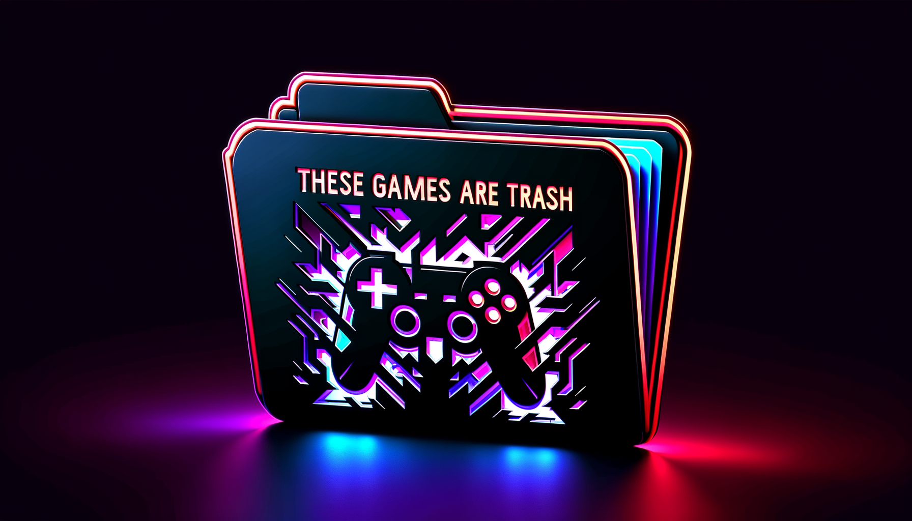 A cutout-style desktop folder icon with no square or rectangular border. The icon itself is only the shape of a black futuristic folder with glowing neon purple, cyan, and red edges. The folder is slightly open and a broken black PlayStation-style controller is sticking out dramatically from the top. Large glowing red warning text saying "THESE GAMES ARE TRASH - BEWARE" is floating across the folder in a bold aggressive font. The entire icon has an irregular silhouette with parts extending outside the normal shape, transparent background, cyberpunk neon style, sharp clean edges, suitable for a Windows ICO icon.