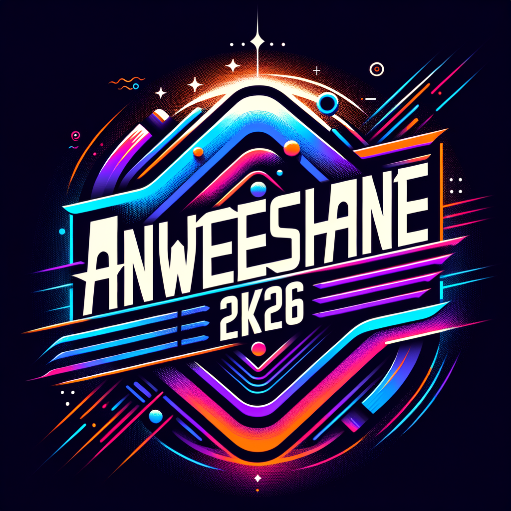 Create a modern, stylish logo for “ANWESHANE 2K26” with a futuristic and premium festival vibe.  Concept: - No circular layout. Use a dynamic, angled composition. - Focus on bold typography as the main element. - “ANWESHANE” in large, custom-designed font (sleek, sharp edges, slightly futuristic) - “2K26” placed diagonally or overlapping in a contrasting style (bigger, eye-catching)  Design Style: - Use gradient colors like neon purple, electric blue, orange, and pink - Add glowing edges and soft light streaks for a futuristic feel - Incorporate abstract elements instead of icons (lines, waves, geometric shapes) - Subtle cultural hints blended into design (not obvious icons)  Background: - Dark gradient (black to deep purple/blue) - Add soft light flares, particles, or glow for depth  Typography: - Custom modern font, slightly italic/angled - Mix of bold + thin strokes for a premium look - Clean, sharp, high contrast  Extras: - Add motion feel (like speed lines or flowing energy) - Minimal but powerful — avoid clutter - 3D depth or glass effect on text  Quality: - Ultra HD, 4K, cinematic lighting, sharp details  Mood: Futuristic, energetic, elite college fest branding, Instagram-ready  --ar 1:1 --quality 2 --v 6