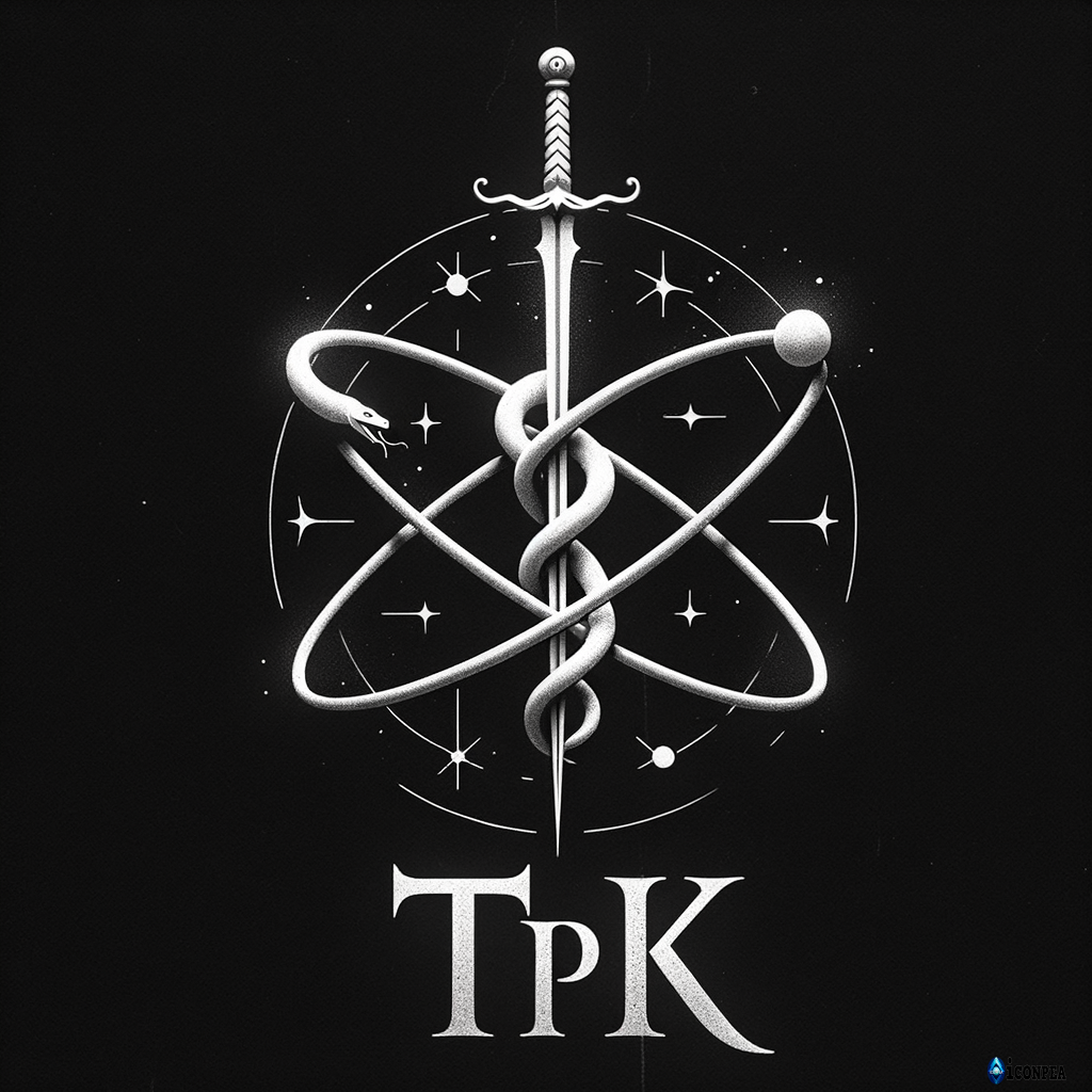 white text "TPK" on a black background, above letters an atom symbol of uran with a snake inside and a sword piercing the atom from top to bottom