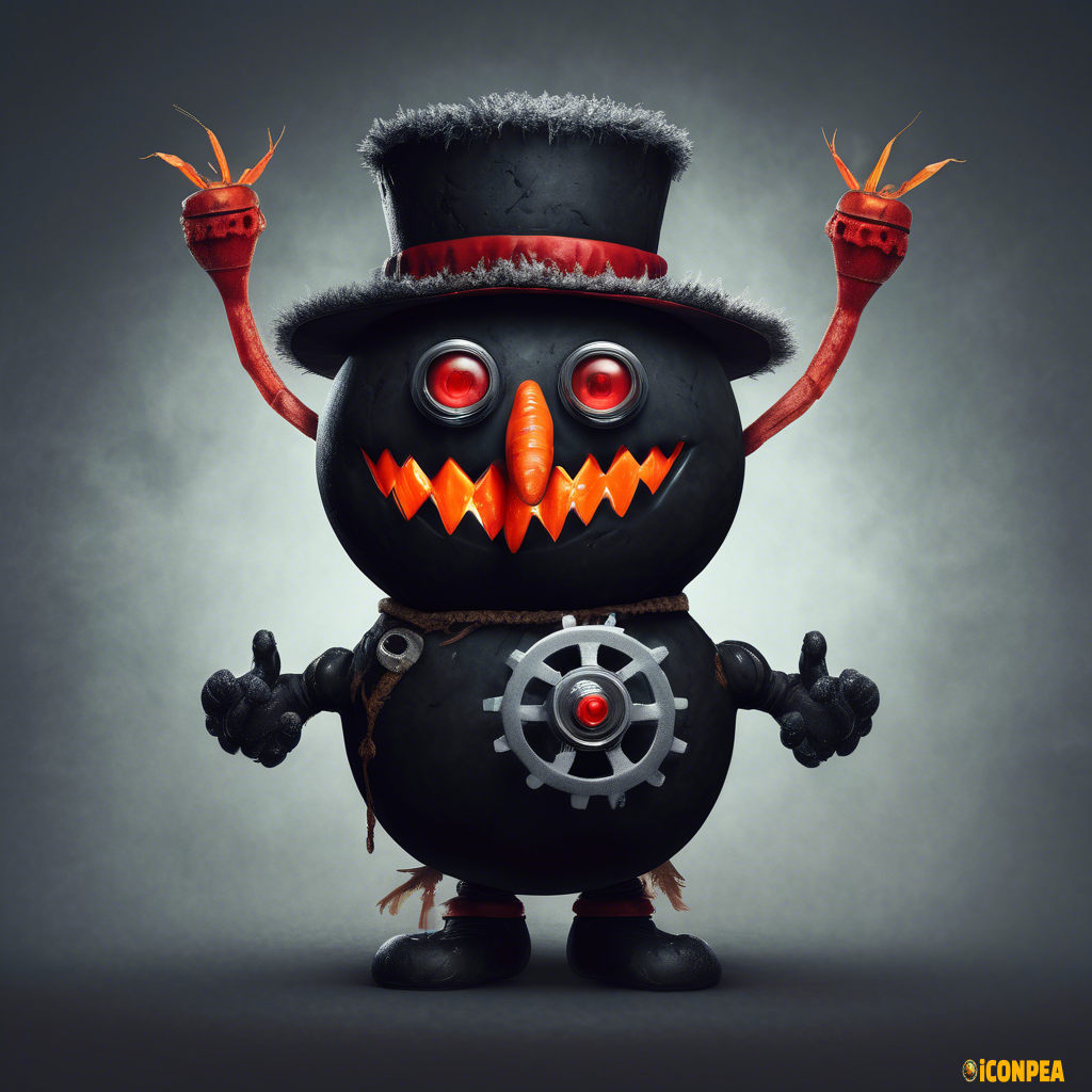 the head of an evil black snowman with red eyes, who has a big gear instead of a hat and a bitten carrot instead of a nose