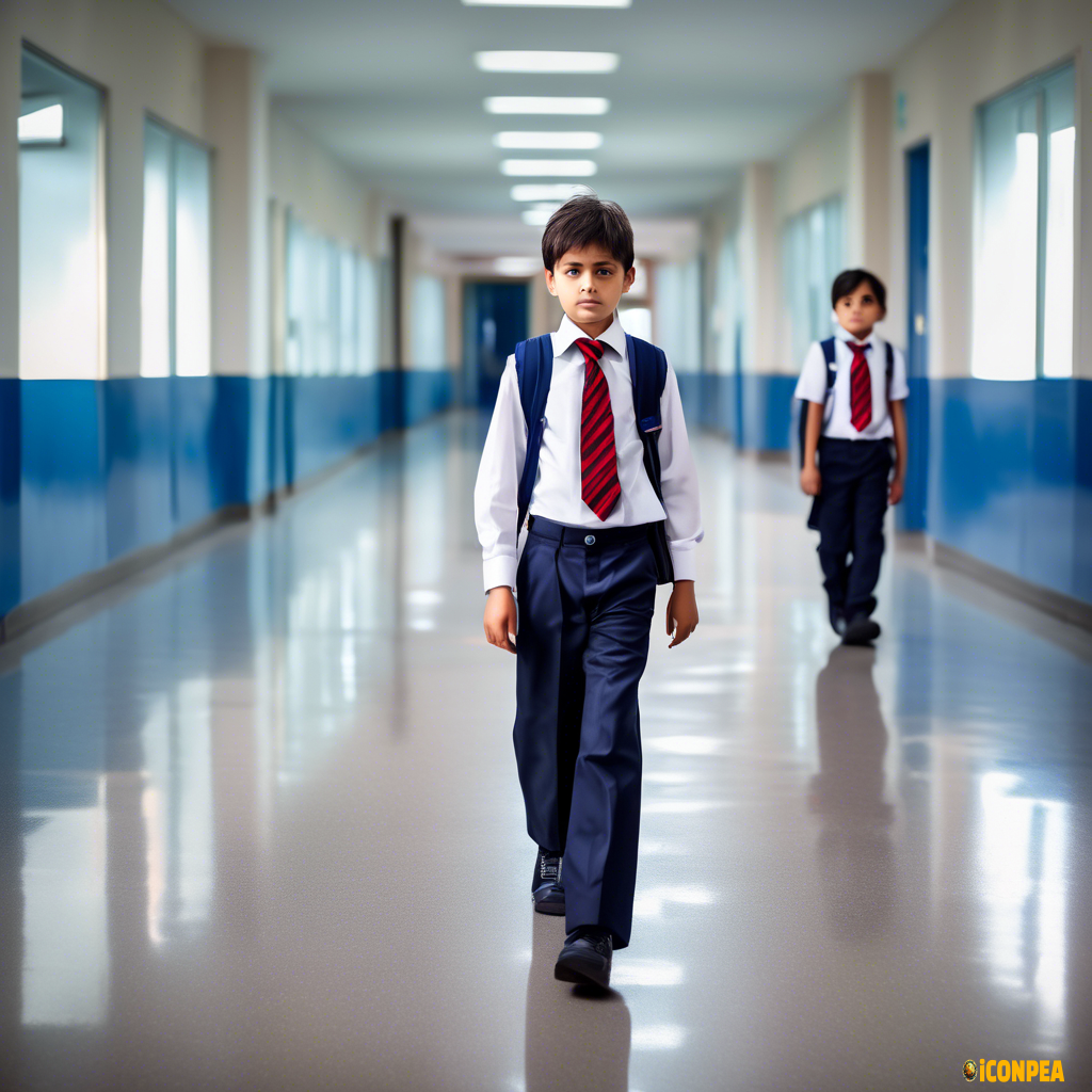 A sad looking 9 and 6 years old boy siblings walking in the school corridor, both wearing school uniform(navy blue shirts with striped navy blue and red ties and grey school pants.