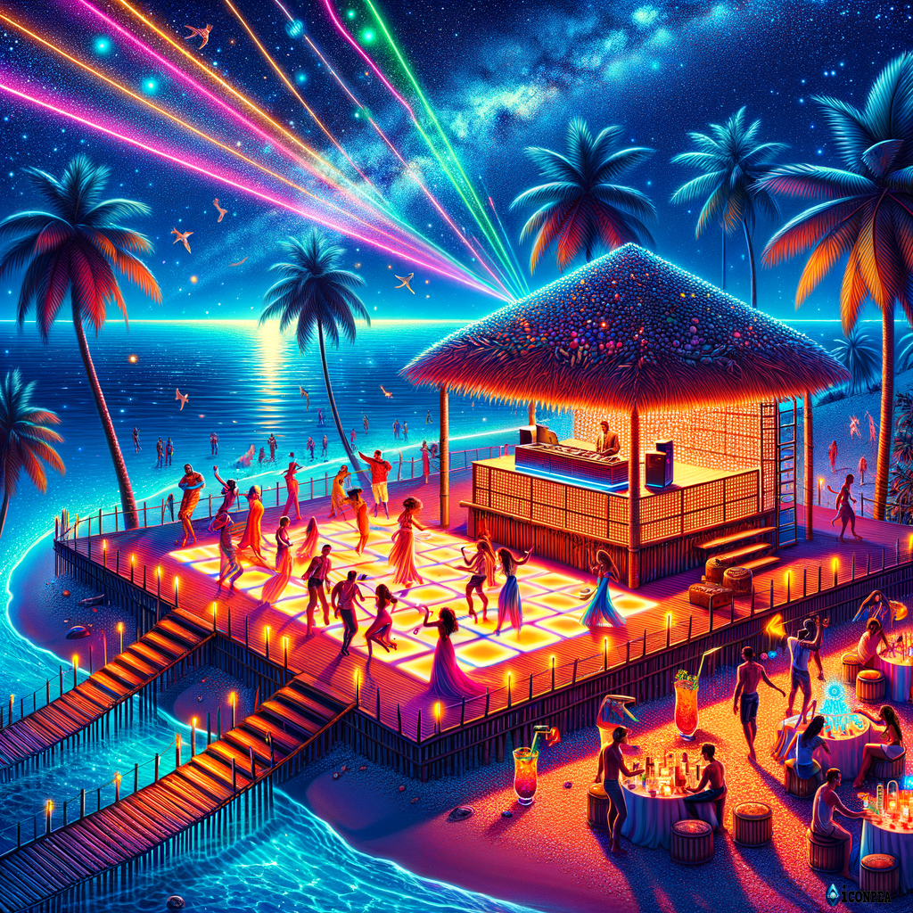 A vibrant illustration showing a private island at night transformed into a disco party. The scene features glowing neon lights reflecting off palm trees, a dance floor on the beach with people dancing under a starry sky, a DJ booth made from bamboo and shells, colorful lasers and light effects illuminating the ocean, and tropical cocktails on tables. The atmosphere feels exclusive, tropical, and full of lively energy.