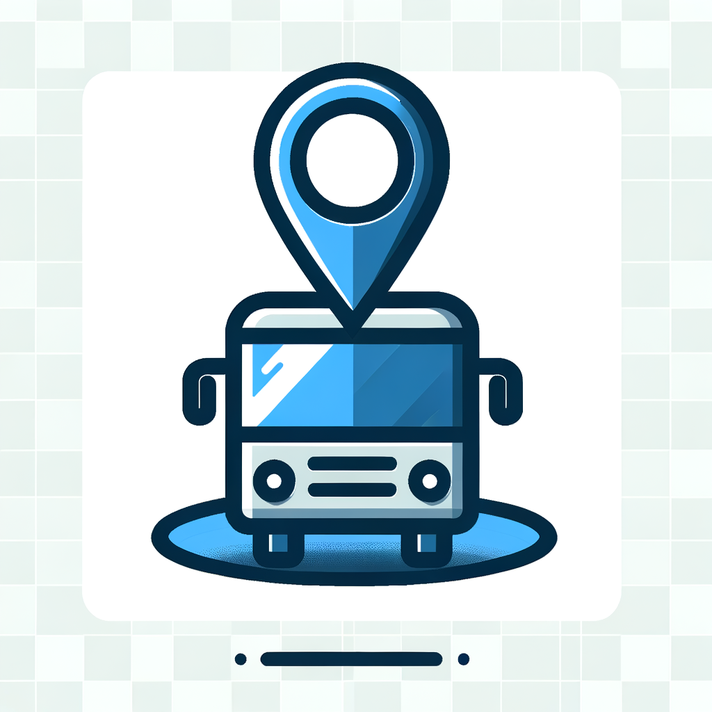 Minimal flat icon of a bus with a GPS pin, blue  colors, clean, modern, app icon style, transparent background
